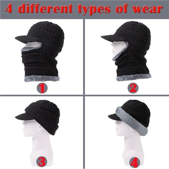 Kids Winter Knit Beanie Balaclava Hat Thermal Ski Mask Cap, Black - Picture 3 of 6